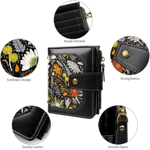Image of Women Leather Wallet RFID Blocking Small Bifold Zipper Pocket Wallet Card Case Purse with ID Window, Dried Flowers