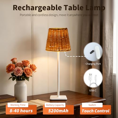 Mr.White Outdoor Waterproof Rechargeable Cordless Table Lamp with Wicker Shade, Battery Operated Table Light with Touch Control, for Patio Restaurant Kitchen (White 1 Pack) by Mr. White - Used condition - Image 8