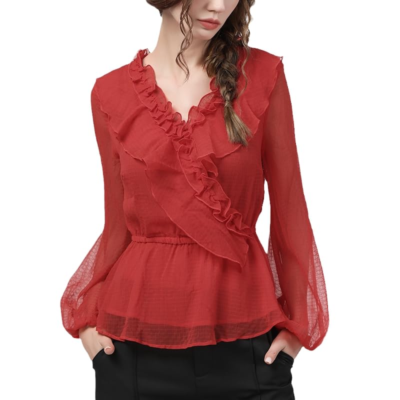Blusas de Gasa Rojas de Manga Larga, Blusas elásticas de Cintura Alta con Volantes y Cuello en V con Mangas Acampanadas para Mujer, Blusas Ajustadas para Primavera y Verano (Rojo S)