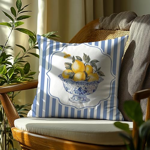 Image of Chinoiserie Lemon Summer Pillow Cover 18x18,French Country Lemon Home Decor,Farmhouse Blue and White Striped Fruit Botanical Decorative Lumber Throw Pillow Cover for Home Bedroom Living Room