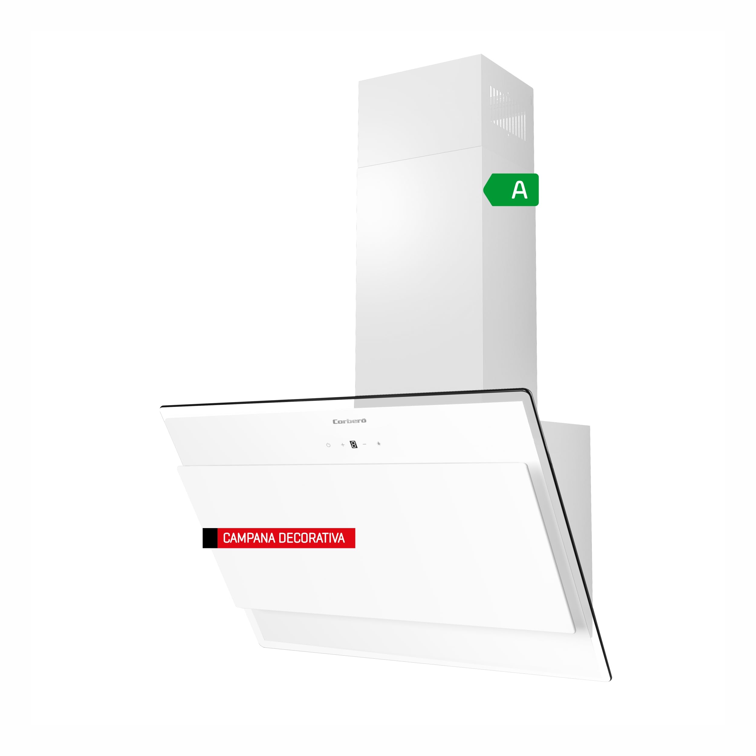 Corbero - Campana Decorativa | ONEGA675W | Cristal Blanco 60 cm | 230W | 3 Velocidades | Control Touch | Caudal 750 m3/h | Vidrio Templado | Filtro Aluminio 3 Capas, Filtro Carbón, Blanco