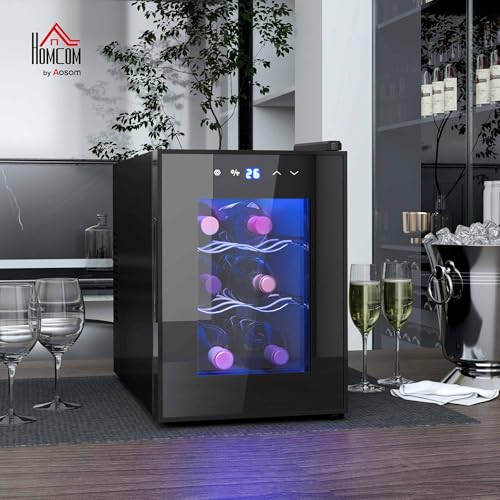 HOMCOM Cave à vin 6 bouteilles 17L réfrigérateur à vin silencieux - porte en verre, éclairage LED, écran tactile numérique, mini cave a vin contrôle de la température 8-18°C protection UV noir – Image 3