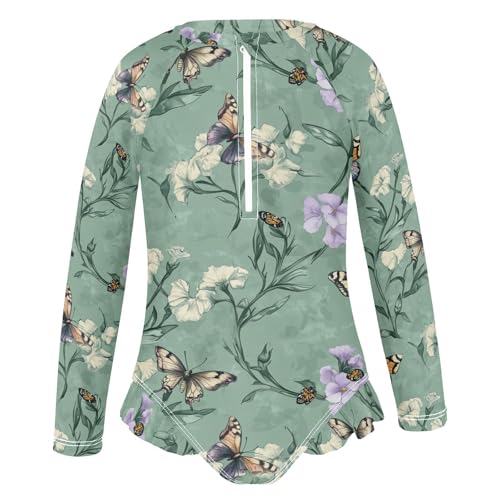Cute Phlox Sage Green Girls Swimsuit Long Sleeve Sun Protection Swimming Suits Bathing Suits for Kids 5-6T2