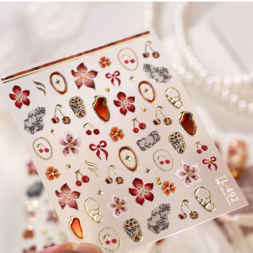 Image of Flower Nail Stickers for Nail Art Cherry Nail Decals Red Nail Art Stickers | 5D Self Adhesive Leopard Nail Stickers Lace Bow Gold Frame Design Nail Decal for Women Manicure DIY Decor Accessories 1 Sheet