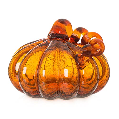 Glitzhome Hand Blown Glass Pumpkin Decor 5.5 Amber - Artisan Fall Table Centerpiece for Thanksgiving Harvest Home Decor Halloween Displays