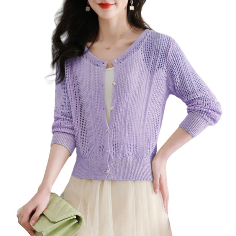 Cardigan Mujer, Cárdigan De Verano para Mujer, Cárdigan De Manga Larga, Blanco, Cuello Redondo, Botones, Crochet Hueco, Chaqueta De Punto Transparente, Abrigo De Primavera Informal, Cort