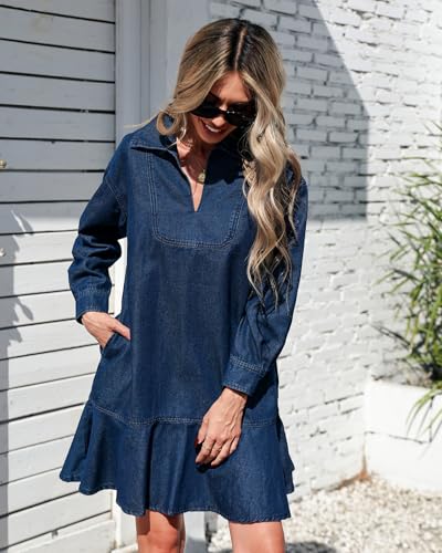 Womens Denim Mini Dress Ruffle Hem Collared V Neck Tiered Mini Babydoll Dress Casual Flowy Jean Dresses3