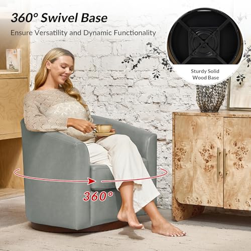 Image of HULALA HOME Genuine Leather Swivel Barrel Chairs Set of 2, Round Swivel Accent Chairs with Solid Wood Base, Leather Barrel Accent Chair for Living Room, No Assembly Required, Sage