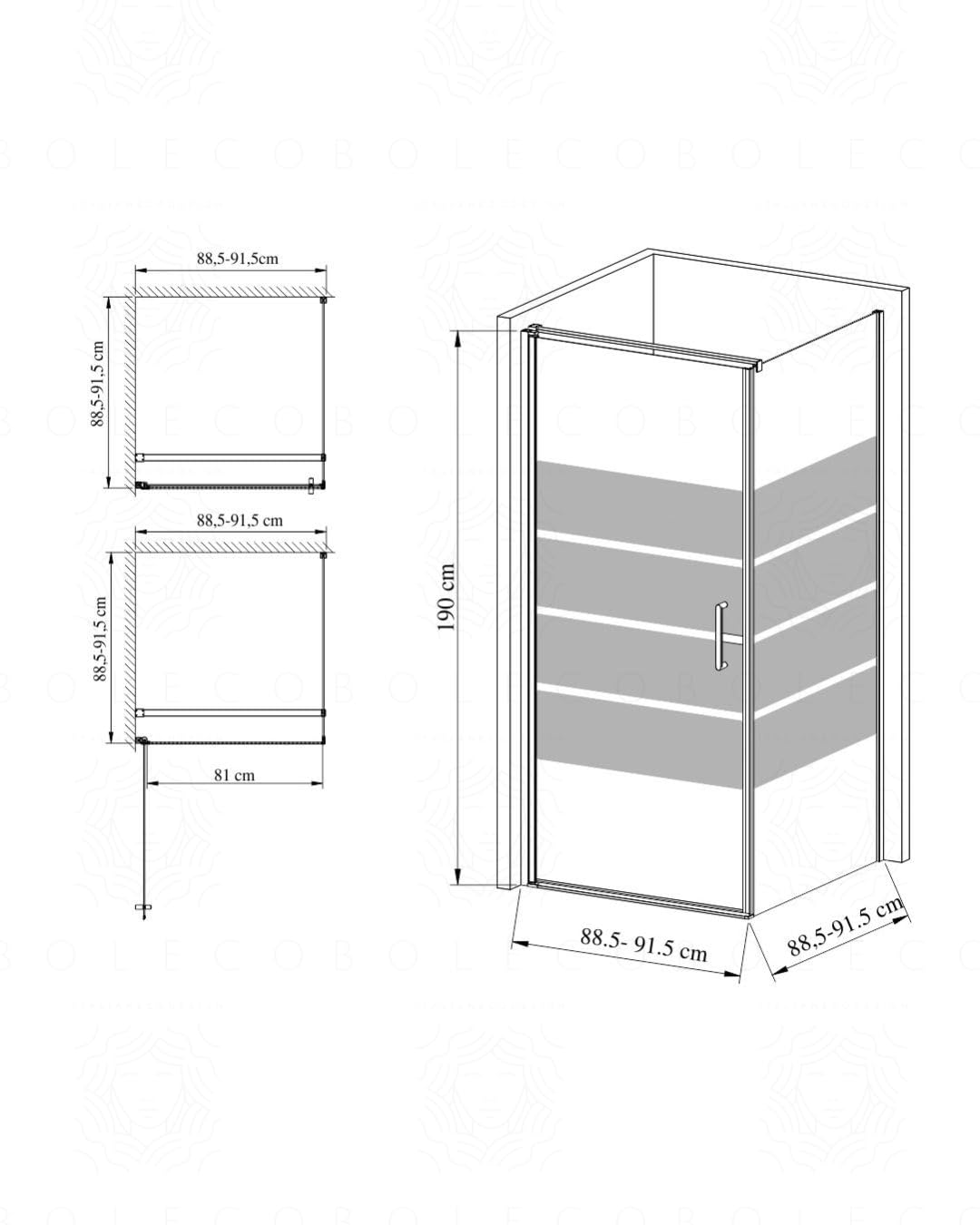 Box doccia quadrato cm 90x90 nero opaco vetro temperato 6 mm fumè serigrafato con 1 anta a battente
