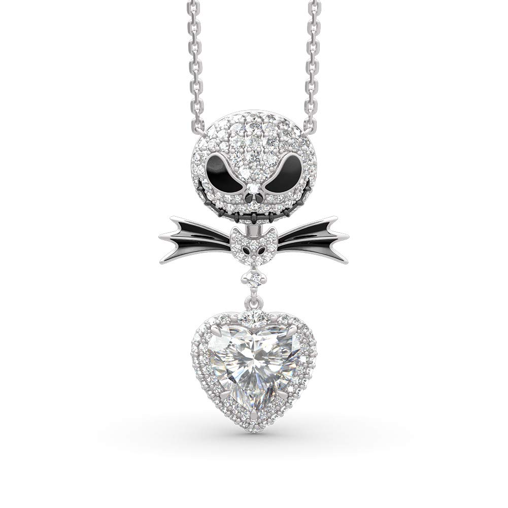 Jeulia2.5 Carat Nightmare Necklace 925 Sterling Silver Jack and Sally Skull Pendant Necklace Heart Necklace for Women Teen Girls Birde Romantic Jewelry Gift for Her