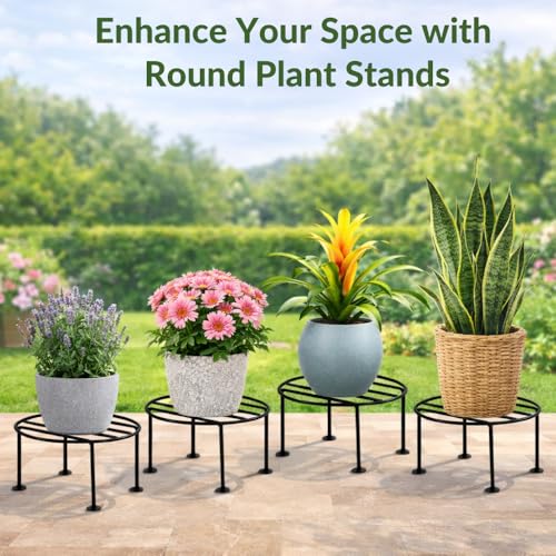 Image of Round Plant Stand (Pack of 4) | Galvanised Metal Flower Pot Holder | Rust Resistant Gamla Stand for Home, Garden & Balcony | Black