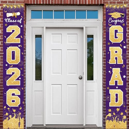 Image of 2026 Graduation Party Decorations - Purple Gold Class of 2026 Congrats Grad Porch Sign Banner Hanging Flag Graduation Party Supplies for School College Classroom Decor