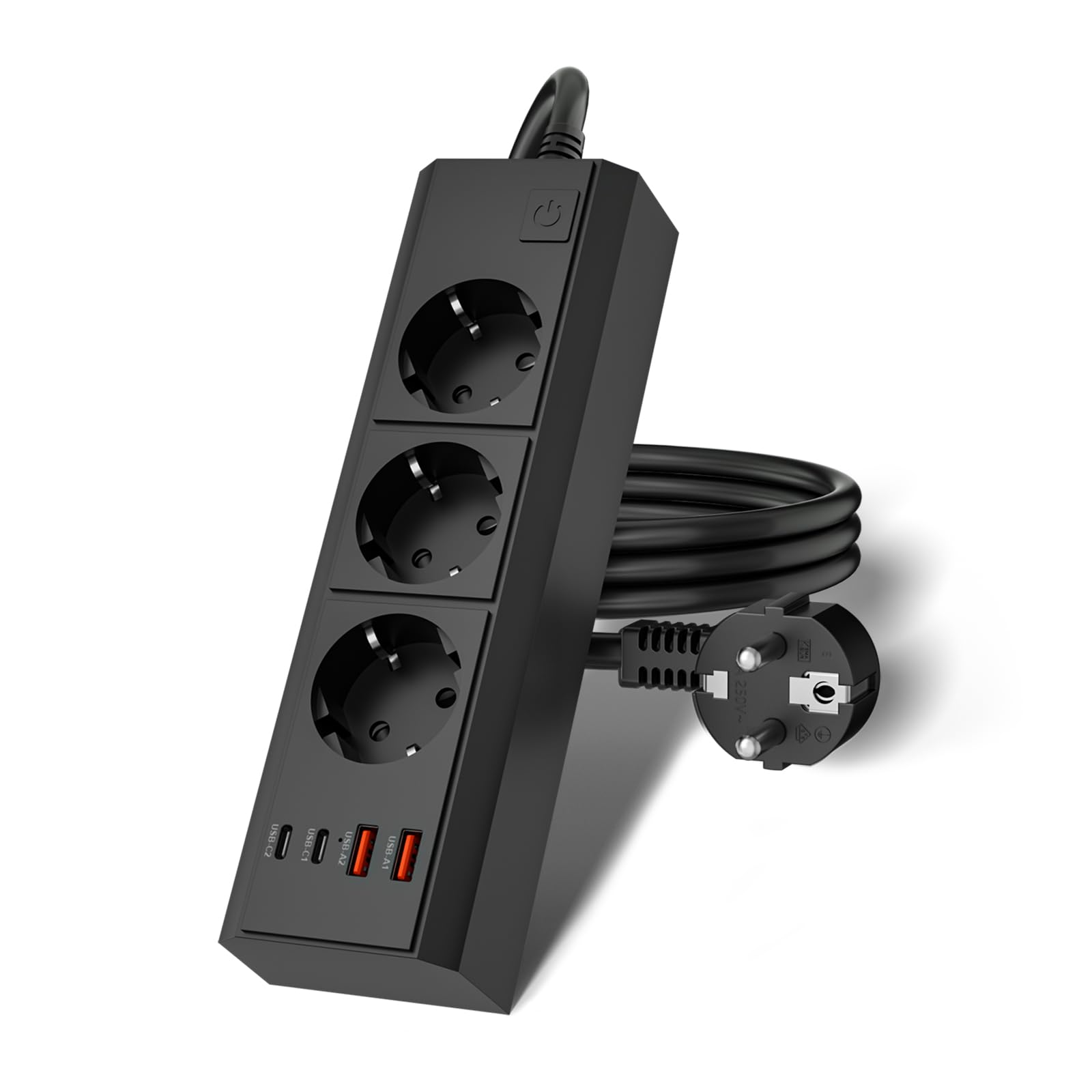 WENTONG Ciabatta Multipresa con 3 Schuko e 4 USB, Presa Multipla con Interruttore e 1.5 M Cavo, 2500W Multipresa da Scrivania Piatta 10A, per Ufficio, Famiglia, Cucina e Viaggio