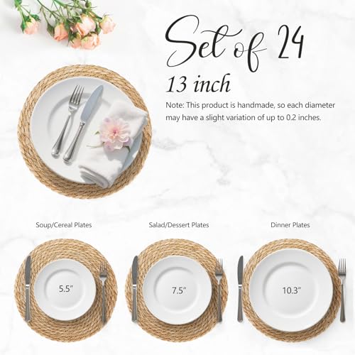 13 Inch Placemats Set of 24, Boho Round Woven Place Mats for Dining Table Decor, Rustic Jute Chargers for Dinner Plates, Outdoor Patio, Farmhouse Wedding, Water Hyacinth Wicker Rattan Braided Placemat by AIMSEAL - Used condition - Image 2