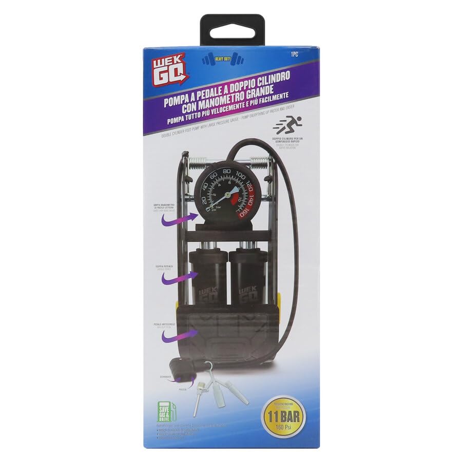 We'k'go Pompa a Pedale Doppio Cilindro con Manometro Grande | Gonfiaggio Rapido Fino a 11 Bar (160 PSI), Attacco Universale Presta/Schrader