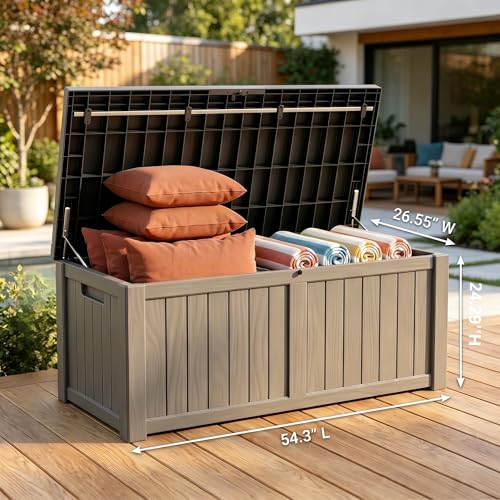 Image of 121 Gallon Resin Deck Box for Patio - Outdoor Storage Chest for Patio Furniture Cushions, Garden Tools, Pool Accessories - Lockable, Waterproof, All-Weather, Wood Grain Design, Easy Assembly