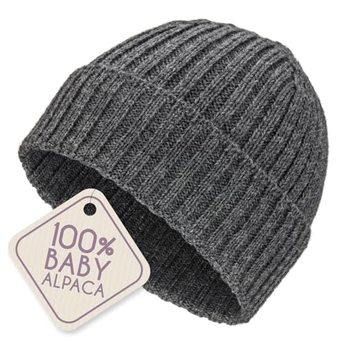 ALPALOVE 100% Baby Alpaca Worsted Beanie Dark Grey Unisex Luxury Knit Winter Hat | Soft Warm & Lightweight | Made in Germany