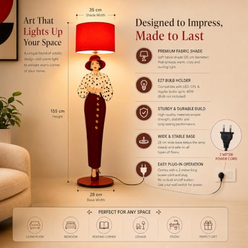 Image of THE GRANDEUR Artistic Female Floor Lamp with Red Fabric Shade, 155 cm | Warm Ambient Lighting, Stable 28 cm Base, Fashion-Inspired Design, Living Room & Bedroom, Statement Decor Piece