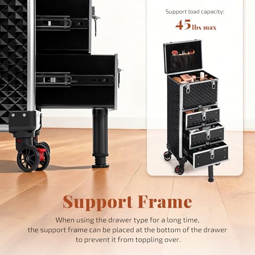 Image of Rolling Makeup Train Case with Drawers Cosmetology Case on Wheels | 4 in 1 Large Cosmetic Organizer for Hairstylist,Makeup Artist Nail Trolley Cart Salon Storage Traveling Cart Trunk