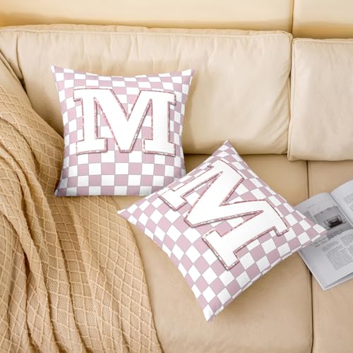Image of Erosebridal Pink Initial M Throw Pillow Covers 18x18 Set of 2 Kawaii Plaid Checkered Pillow Covers Cute Personalized Monogram Cushion Cover Fashion Grids Gingham Pillow Cases for Couch Sofa
