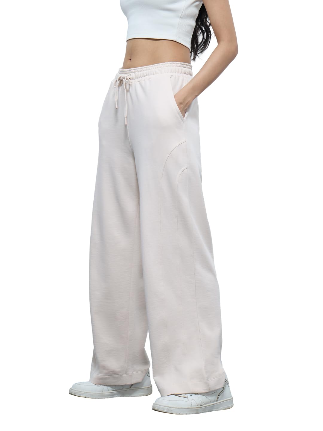 the souled store Solids: Off-White Women and Girls Drawstringed Baggy Fit Cotton Flared Joggers-picture-33