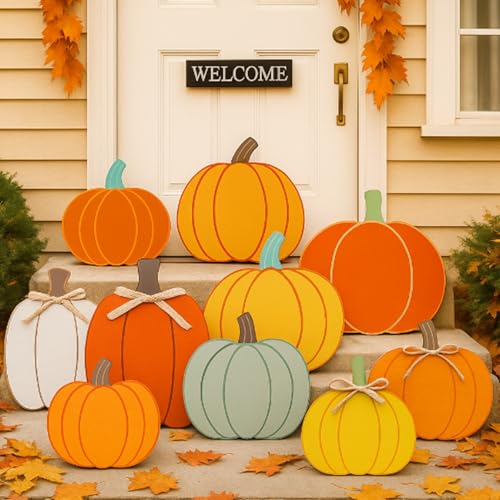 Yookeer 10 Pcs Large Outdoor Thanksgiving Fall Decorations for Home Porch Wooden Pumpkin...