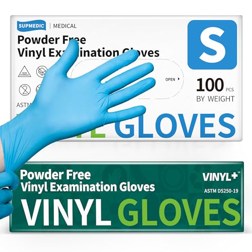 Supmedic Vinyl Disposable Exam Gloves, 4 Mil Powder-Free Latex-Free Food Grade Cooking Cleaning Medical Glove, Blue 100 Pcs (Small)