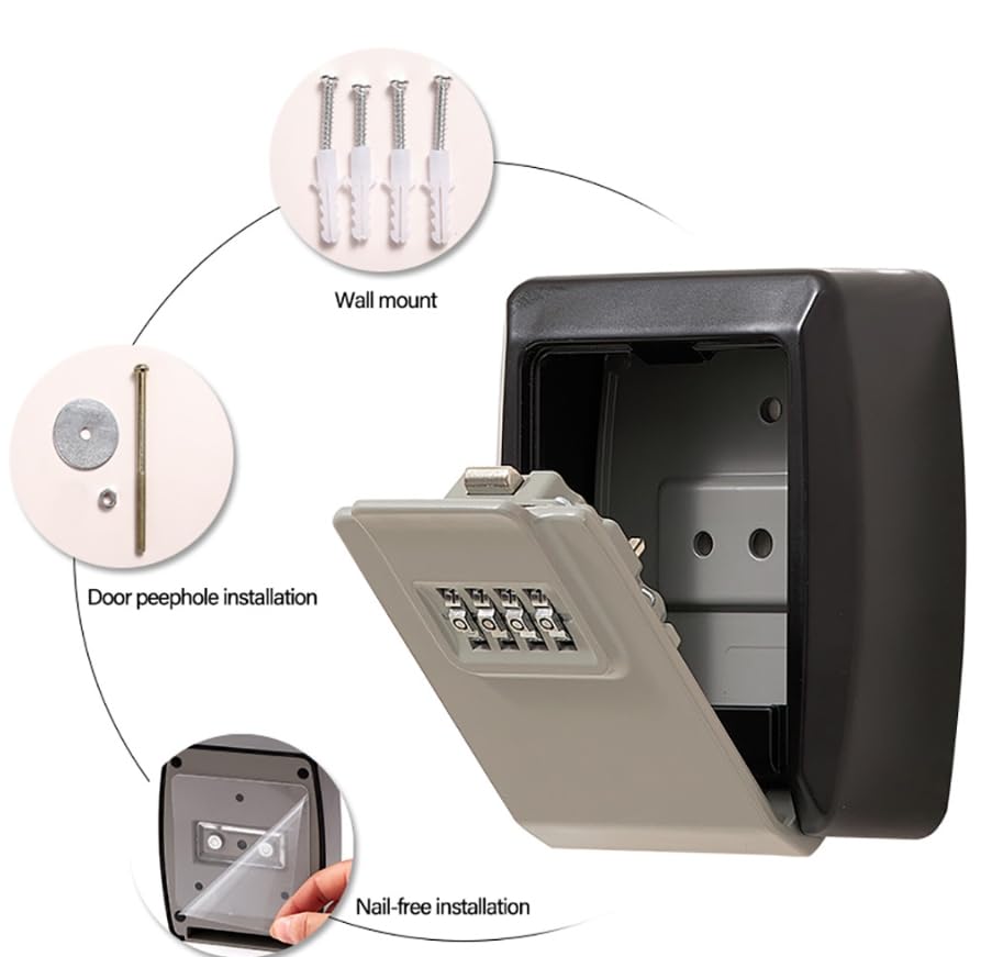 Cerradura Llave Caja Fuerte, Caja de Seguridad con Llave y contraseña de 4 dígitos for Montar en la Pared, Multicolor, 11,5 x 9,5 x 4 cm(Black)