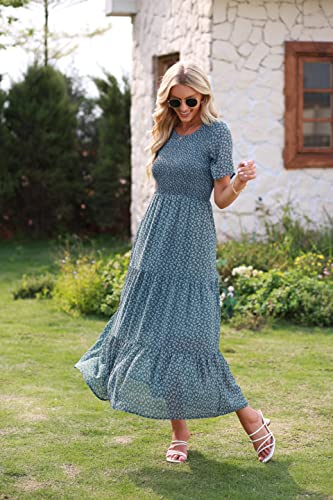 Image of BTFBM Women Casual Short Sleeve Crew Neck Summer Dress Bohemian Floral Printed Flowy Maxi Dresses Tiered Cocktail Dress