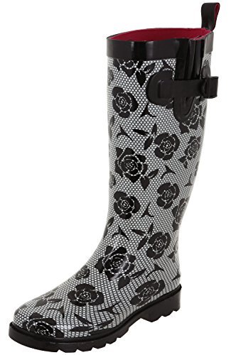 Capelli New York Ladies Shiny Lace & Roses Printed Tall Rainboot Black Combo 6
