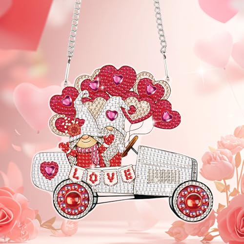 Image of Wedding Car Diamond Art Hanging, DIY Acrylic Gemstone Pendant with Special Shaped Rhinestones, Love Gnome Diamond Painting Ornament for Wall, Door, or Home, Handmade Craft Gift for Valentine's Day