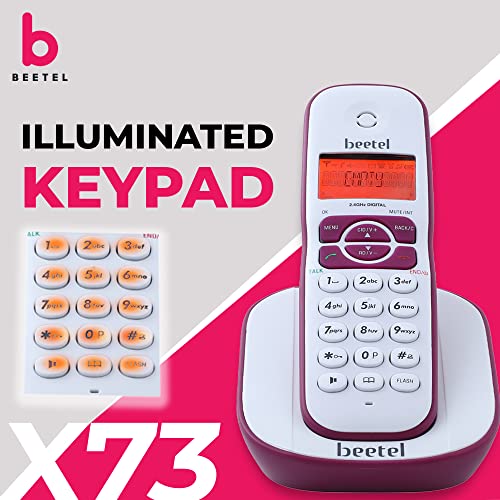 Image of Beetel X73N Cordless 2.4Ghz Cordless Landline Phone with Caller ID Display, 2-Way Speaker Phone with Volume Controls, Auto Answer, Alarm Function, Stylish Design (Red /White)(X73N)
