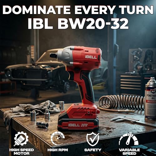 Image of IBELL BW20-32, 20V, 1 /2 inch Brushless Cordless Impact Wrench Kit, 300Nm Torque, 1800-3000 RPM, 2250-3700 IPM, 2 Batteries, Sockets, Adapters, LED Light, Charger & BMC Box-12 months warranty