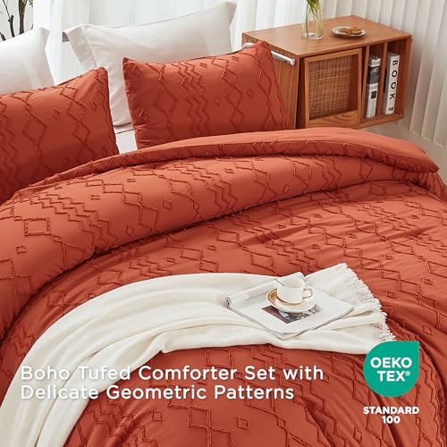 Image of Andency Terracotta Tufted Fall Comforter Set Full(79x90Inch), 3 Pieces(1 Boho Comforter, 2 Pillowcases) Textured Farmhouse, Soft Down Alternative Geometric Fall Bedding Set