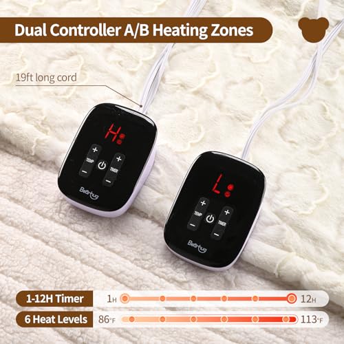 Image of Bearhug Heated Blanket King Size, 100 inchx90 inch Dual Control Electric Blanket with 10 Heat Levels & 1-12H Auto Off, White Floral Faux Fur & Sherpa Bed Warmer for Couples, ETL Certified, Machine Washable