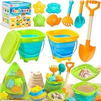 DUDUCOFU Collapsible Beach Sand Toys for Kids Toddlers, Collapsible Sand Bucket with Sifter Shovels Set with Mesh Bag and Sand Molds, Travel Beach Sandbox Toys for Boys Girls 3 4 5 6 7 8 9 10