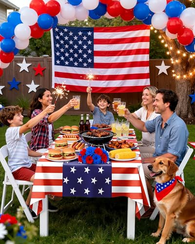 Image of Pureegg 4th of July USA 250th Anniversary Plastic Tablecloth Disposable 10 Pack, Patriotic American Flag Rectangle Table Cover 54 x 108 Inch, Table Cloth for Independence Day BBQ Picnic Party