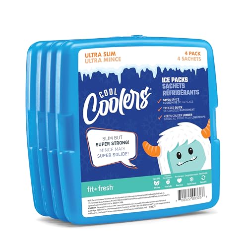 Cool Coolers by Fit + Fresh, 4 Pack Slim Ice Packs, Space Saving Reusable Ice Packs for...