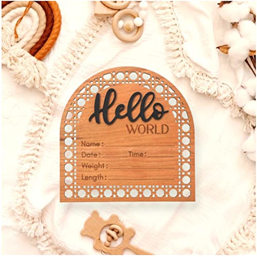 Image of Bleed Proof Engineered Wood, Baby Announcement Sign, Hello World Newborn Sign, Birth Announcement Sign, Newborn Announcement Sign - 5.5" (Cherry/Black)