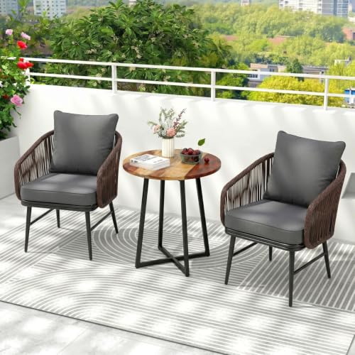 Image of DEVOKO Outdoor 3 Pieces Wicker Patio Garden Furniture Set with Weather Resistant Rattan & Rust Proof Metal Frame Water repllent Cushions(Dark Brown & Dark Grey)