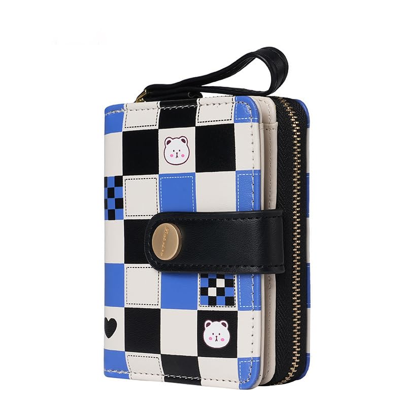 British Style Checkered Wallet - Rabbit Print Luxury Clutch, Women's Card Holder with ID Window (Black)