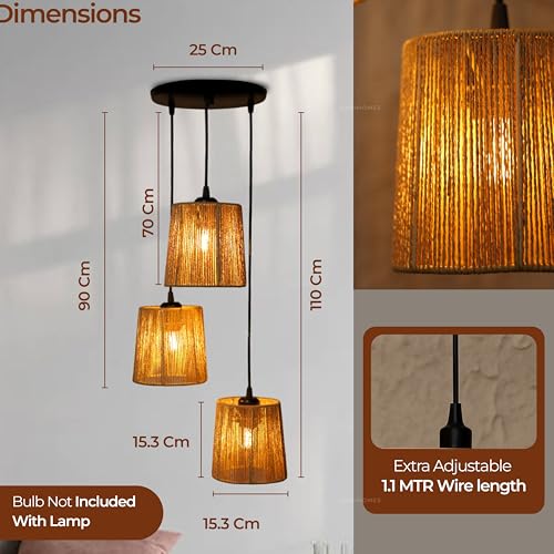 Image of Ikari Homes Rattan Chandelier 3 in1 Pendant Light, Natural Beige, Boho Style, E27 Base, Chandelier for Living Room I Dining I Bedroom I Balcony I Adjustable Wire - (Bulbs not Included) (Taper Raffia)