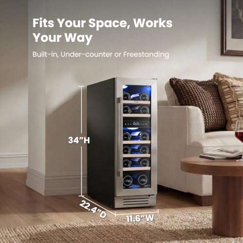 Image of Yeego Wine Fridge Cooler - 12 Inch Wine Fridge Hold 17 Bottles, 40-65F Dual Zone Wine Refrigerator Glass Door, Built in, Freestanding or Under Counter Fridge for Home Bar Office