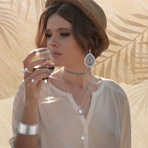 Image of Ecally Bohemian Western Jewelry Turquoise Set Women Country Pendant Long Choker Layered Bracelets Earrings Ring for Women