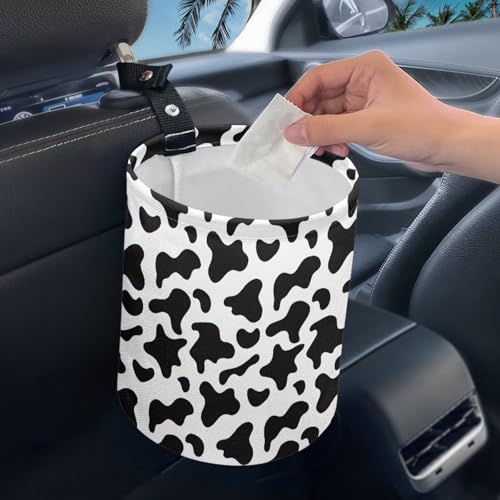 Image of Renewold Waterproof Car Trash Can, Fashion Cow Print Black White, Collapsible Garbage Bin with Button Strap, Storage Organizer Bag, SUV Van Sedan Truck Accessories for Men and Women
