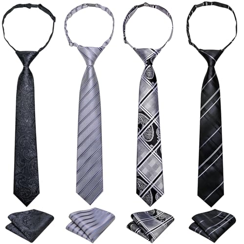 Ailisus 4pcs Boys Pre-Tied Neckties and Pocket Square Set Silk Adjustable Ties for Kids Graduation Wedding School Uniforms