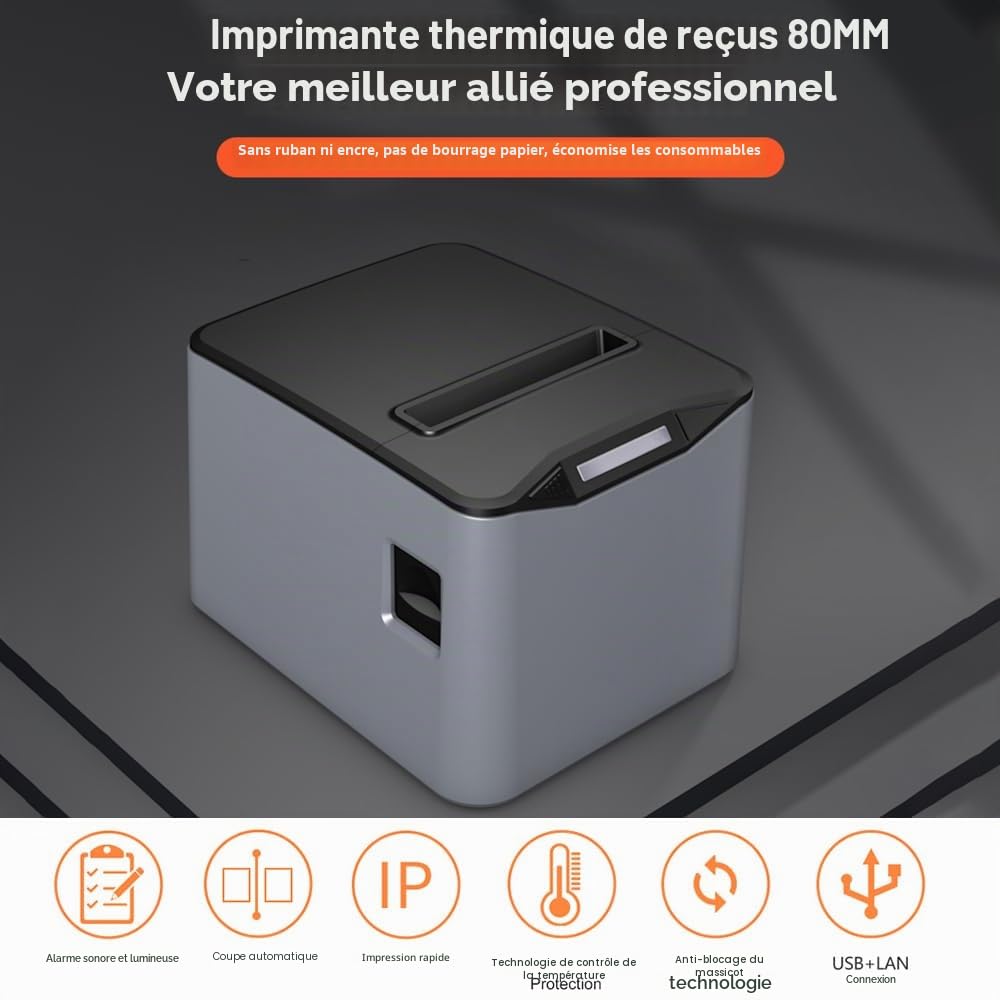 Imprimante Thermique Reçus 80mm Impression Directe USB+LAN Haute Vitesse Coupe Papier Automatique Corbeille à Papier 220mm/s