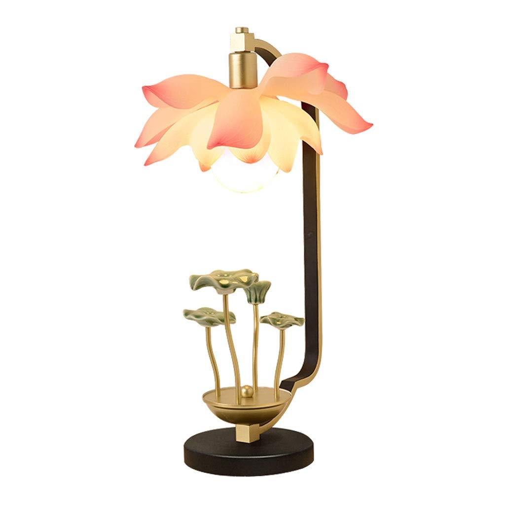 SUNESANightstand Lamp Chinese Style Table Lamp Living Room Bedroom Bedside Lamp Pink Lotus Flower Lamp Ceramic Lotus Leaf Combination Base Buddha Lotus Light Bedside Lamps
