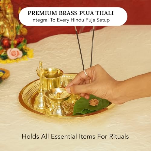 Image of Ekhasa 100% Pure Brass 10 Inch Pooja Thali Set | Puja Thali Set for Home Or Gifting | Brass Aarti Thali For Pooja, Mandir, Wedding, Festivals | Pital Pooja Set Items For Home Decorative | Peetal Plate