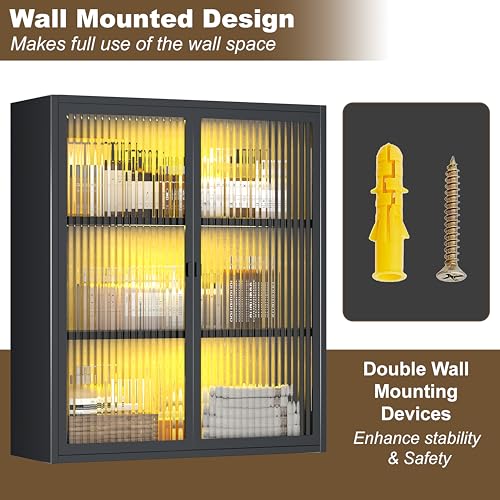 Image of Laundry Room Cabinets Wall Mounted, Bathroom Wall Cabinet with Glass Doors & LED Lights, Black Metal Medicine Cabinet for Bathroom, Kitchen, Living Room and Entryway